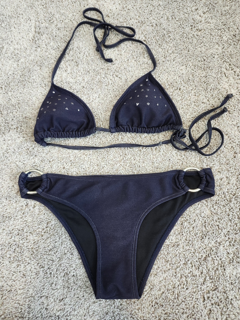 Women’s Navy 'JEAN Look' Triangle Bikini Set with Silver Accent Studs And Rings
